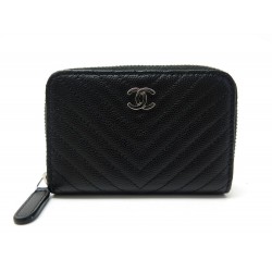 NEUF PORTE MONNAIE CHANEL CUIR CAVIAR CHEVRONS NOIR NEW LEATHER WALLET 470€