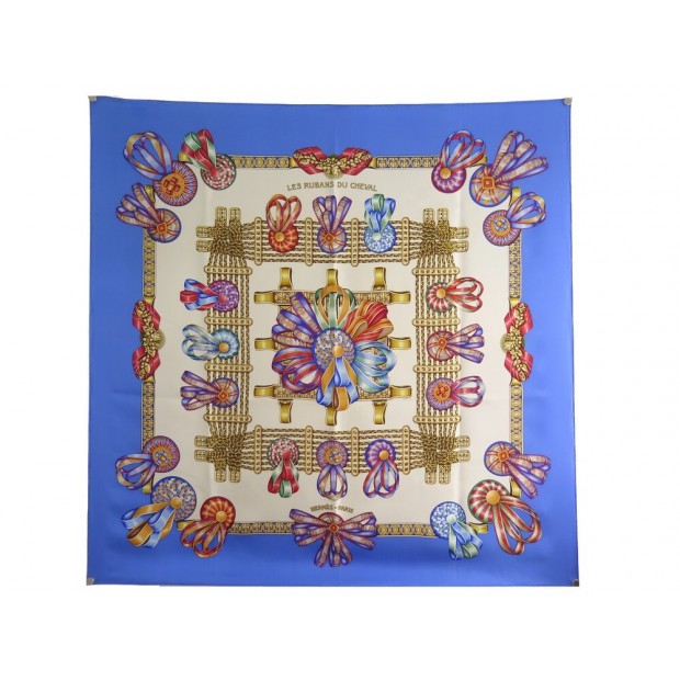 FOULARD HERMES LES RUBANS DU CHEVAL METZ CARRE 90 EN SOIE BLEU SILK SCARF 385€