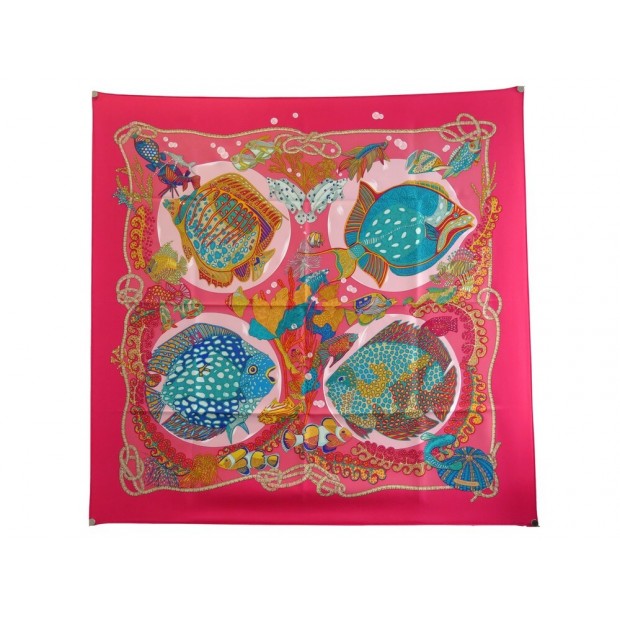 NEUF FOULARD HERMES GRANDS FONDS FAIVRE CARRE 90 EN SOIE FUSHIA SILK SCARF 385€