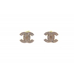 NEUF BOUCLES D'OREILLES CHANEL LOGO CC STRASS METAL DORE GOLDEN EARRINGS 350€