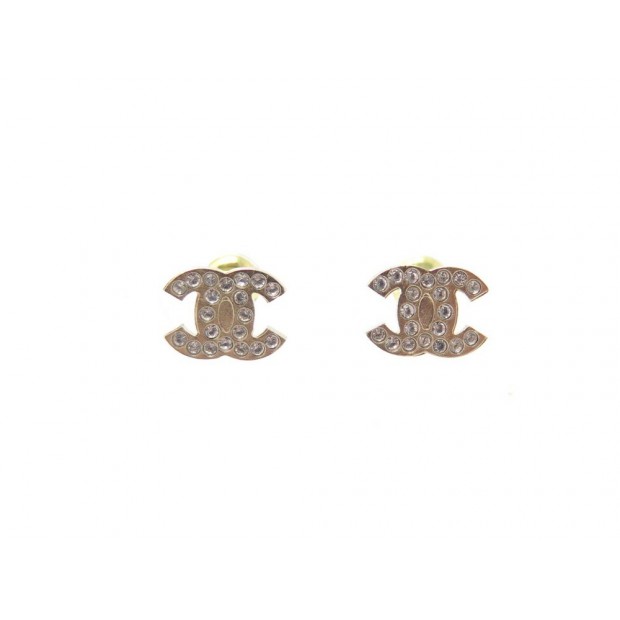 NEUF BOUCLES D'OREILLES CHANEL LOGO CC STRASS METAL DORE GOLDEN EARRINGS 350€