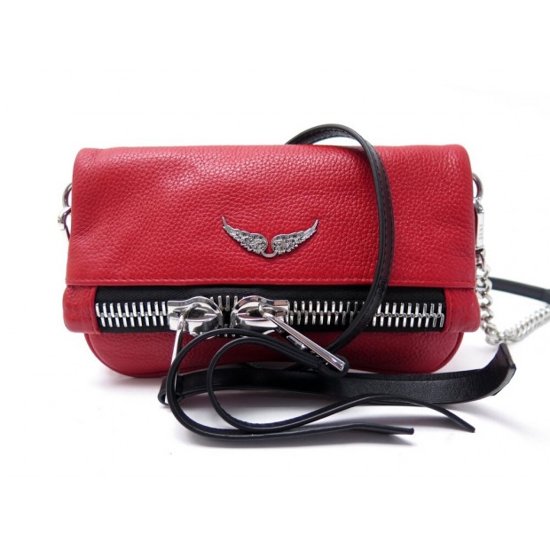 NEUF SAC A MAIN ZADIG & VOLTAIRE POCHETTE ROCK NANO CUIR ROUGE BANDOULIERE 195€