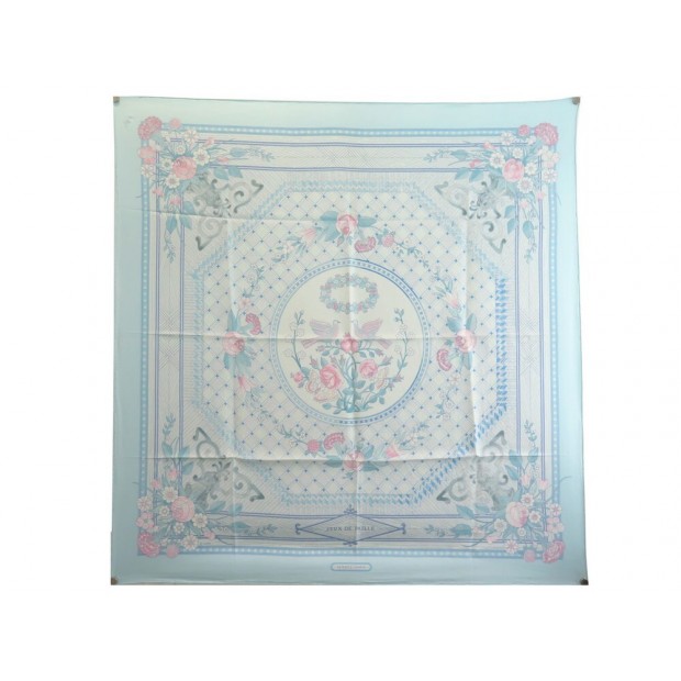 FOULARD HERMES JEUX DE PAILLE DE LA PERRIERE CARRE 90 SOIE BLEU SILK SCARF 385€