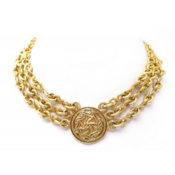 NEUF VINTAGE COLLIER CHANEL RAS DU COU MEDAILLON CHAINE METAL DORE NECKLACE