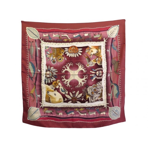 NEUF FOULARD HERMES LA VIE DU GRAND NORD EN SOIE BORDEAUX NEW SILK SCARF 385€