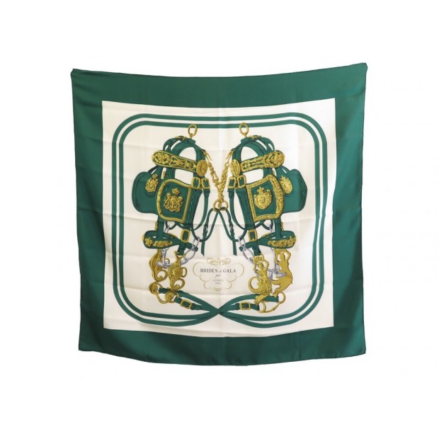 FOULARD HERMES BRIDES DE GALA PAR HUGO GRYGKAR SOIE VERT GREEN SILK SCARF 385€