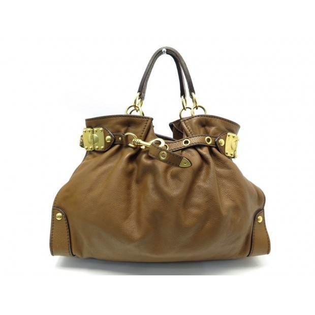 SAC A MAIN MIU MIU CABAS CUIR GRAINE CAMEL & METAL DORE LEATHER HAND BAG 1900€