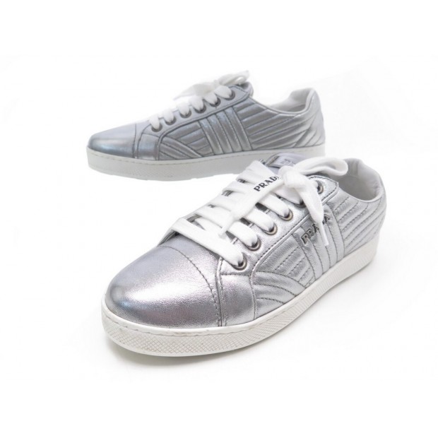 NEUF CHAUSSURES PRADA BASKETS 1E3441 CUIR ARGENTE 35.5 IT 36.5 FR SNEAKERS 590€