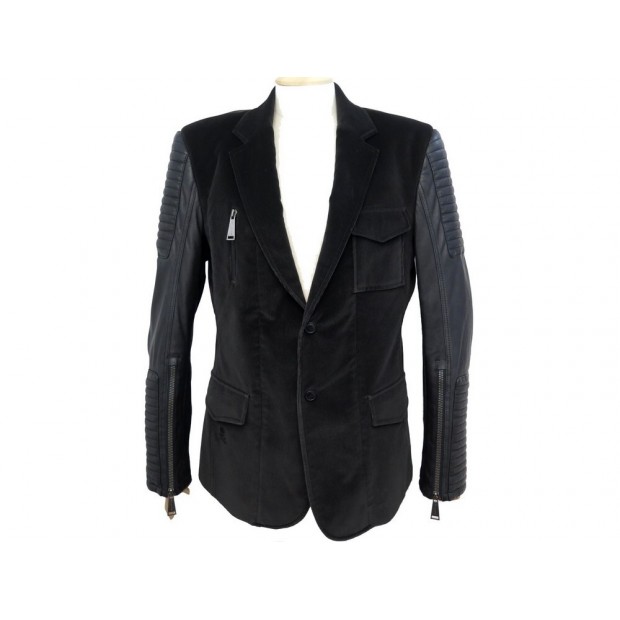 VESTE PHILIPP PLEIN M 48 EN CUIR ET VELOURS NOIR BLOUSON VELVET JACKET 1850€