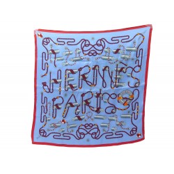 NEUF FOULARD HERMES CORDAGES PIERRE MARIE CARRE 70 EN SOIE BLEU SILK SCARF RARE