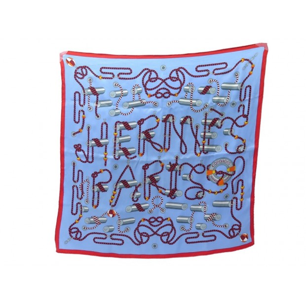 NEUF FOULARD HERMES CORDAGES PIERRE MARIE CARRE 70 EN SOIE BLEU SILK SCARF RARE