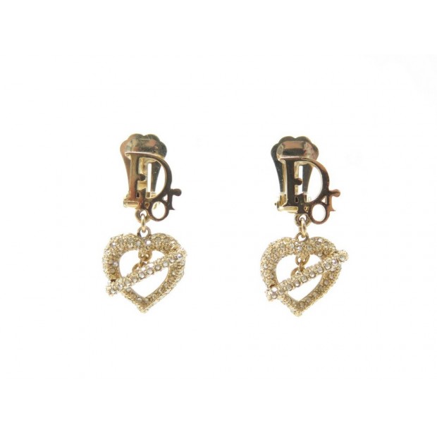 BOUCLES D'OREILLES CHRISTIAN DIOR MONOGRAMME COEUR STRASS DORE EARRINGS 390€