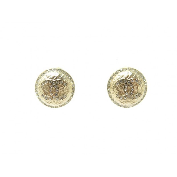 NEUF BOUCLES D'OREILLES CHANEL SPHERE LOGO CC STRASS DORE NEW EARRINGS 370€