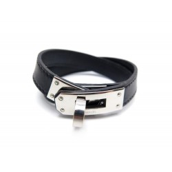 BRACELET HERMES KELLY DOUBLE TOUR 18 CM CUIR NOIR PALLADIE + BOITE LEATHER 465€