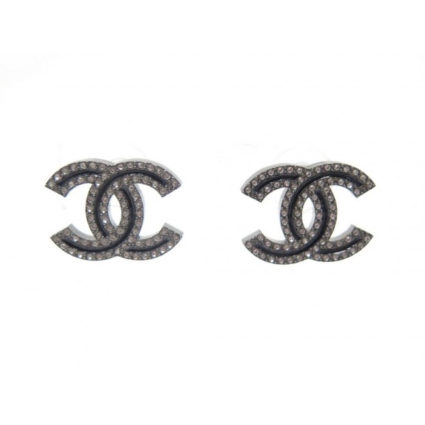 NEUF BOUCLES D'OREILLES CHANEL LOGO CC & STRASS EN METAL NOIR NEW EARRINGS 600€