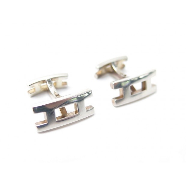 BOUTONS DE MANCHETTES HERMES PARALLELE H EN ARGENT MASSIF + BOITE CUFFLINFS 560€