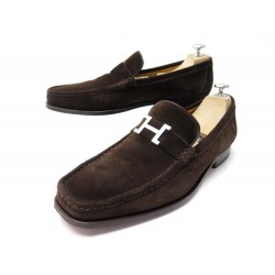 CHAUSSURES HERMES MOCASSINS BOUCLE H 44.5 EN DAIM MARRON +BOITE SUEDE SHOES 850€