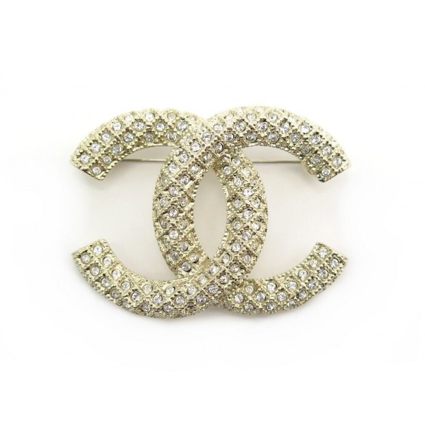 NEUF BROCHE CHANEL LOGO CC & STRASS AB5207 EN METAL DORE NEW GOLDEN BROOCH 650€