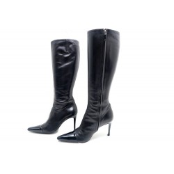 CHAUSSURES BOTTES A TALONS CHANEL 39.5 CUIR AGNEAU NOIR + BOITE SAC BOOTS 1500€