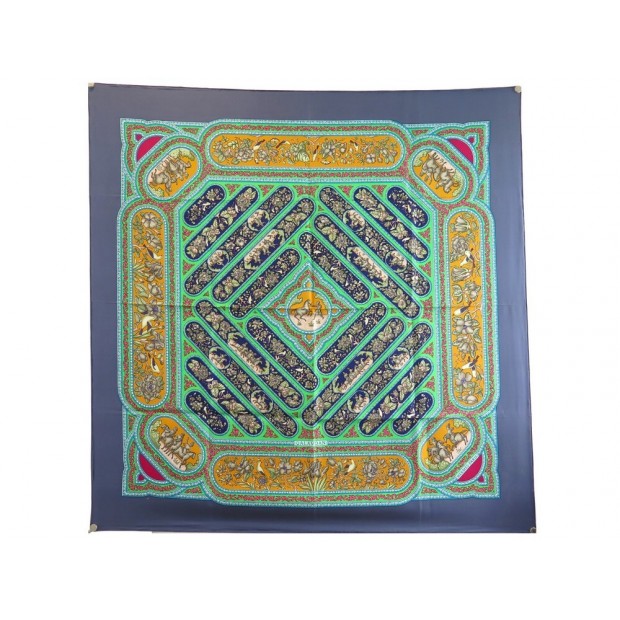 NEUF FOULARD HERMES QALAMDAN BASCHET CARRE 90 EN SOIE BLEU NEW SILK SCARF 385€