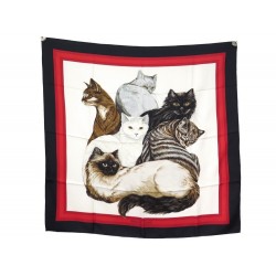 RARE FOULARD HERMES LES CHATS DUCHESNE CARRE 90 EN SOIE BLANC + BOITE SILK SCARF