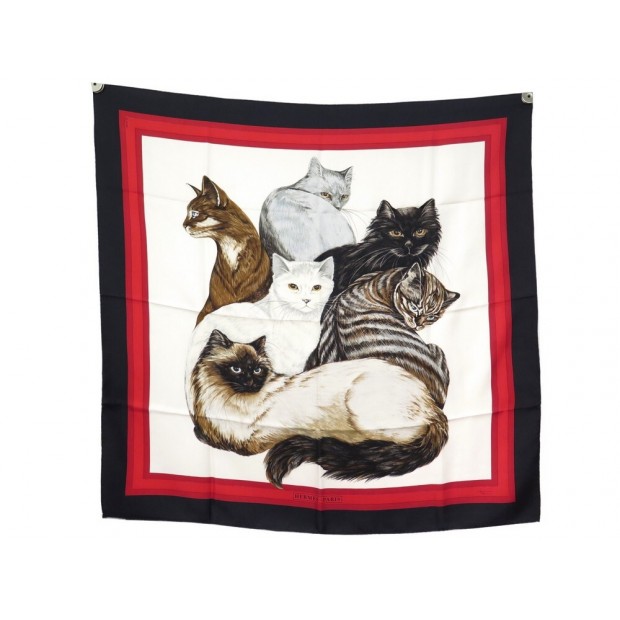 RARE FOULARD HERMES LES CHATS DUCHESNE CARRE 90 EN SOIE BLANC + BOITE SILK SCARF