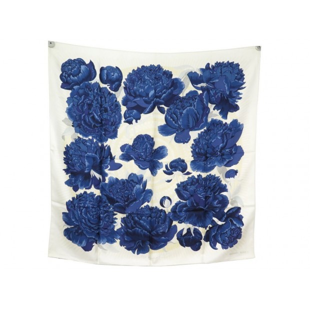 FOULARD HERMES LES PIVOINES VAUZELLES CARRE 90 EN SOIE BEIGE SILK SCARF 385€