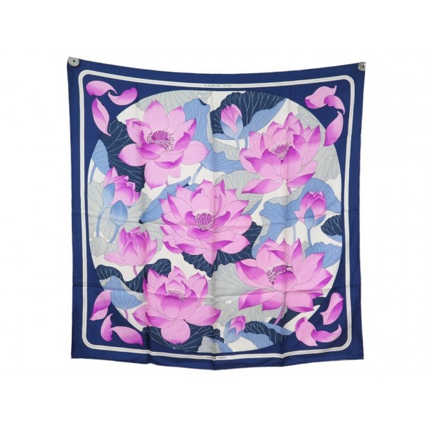 FOULARD HERMES FLEURS DE LOTUS VAUZELLES CARRE 90 EN SOIE BLEU SILK SCARF 385€