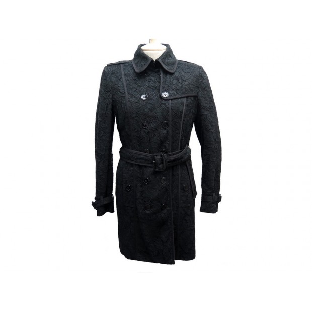 NEUF IMPERMEABLE BURBERRY DENTELLE M 38 EN COTON NOIR VESTE TRENCH COAT