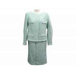 NEUF TAILLEUR CHANEL ENSEMBLE VESTE JUPE TWEED L 42 TURQUOISE JACKET SKIRT 6520€