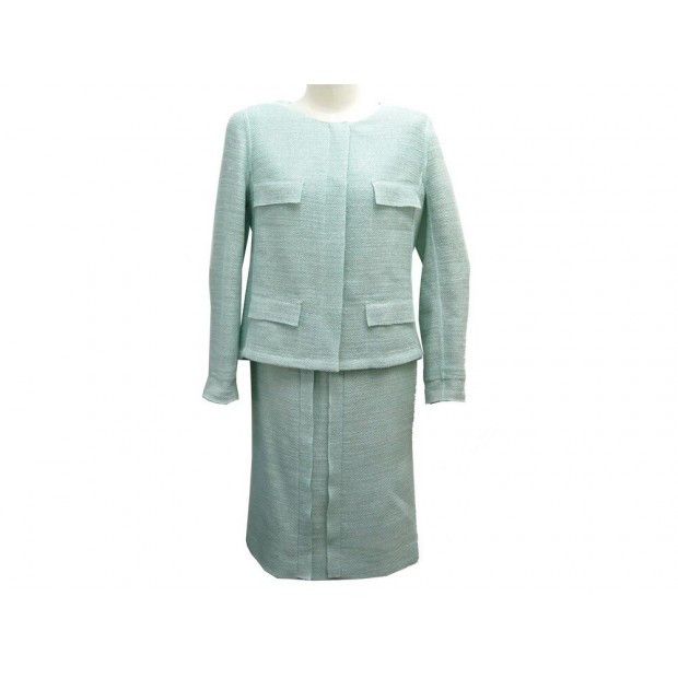 NEUF TAILLEUR CHANEL ENSEMBLE VESTE JUPE TWEED L 42 TURQUOISE JACKET SKIRT 6520€