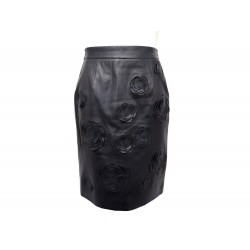 NEUF JUPE CHANEL CAMELIA P38720 M 40 EN CUIR AGNEAU NOIR NEW LEATHER SKIRT 5850€