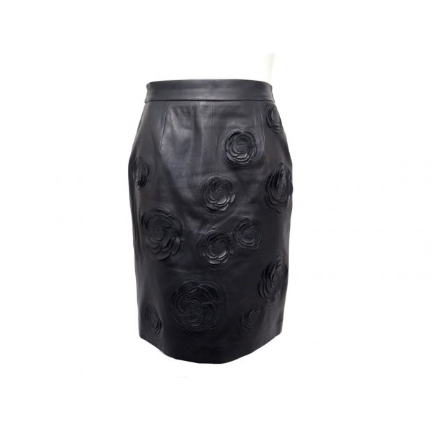 NEUF JUPE CHANEL CAMELIA P38720 M 40 EN CUIR AGNEAU NOIR NEW LEATHER SKIRT 5850€