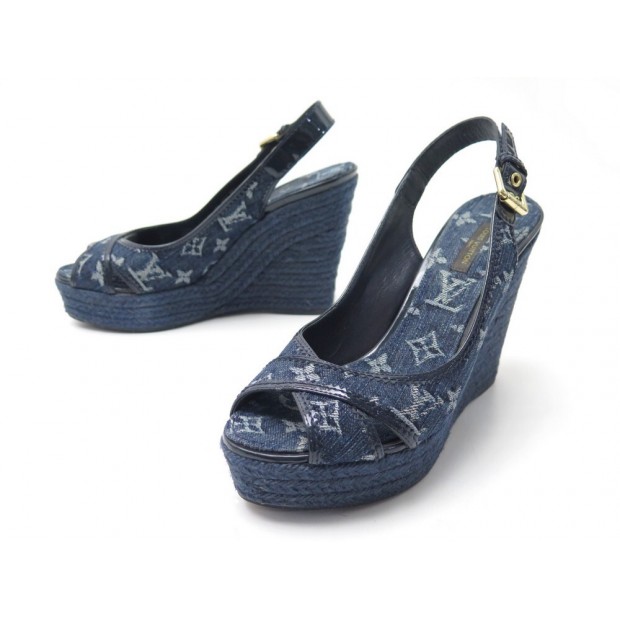 NEUF SANDALES LOUIS VUITTON BASTILLE 38.5 TOILE MONOGRAM DENIM BLEU SHOES 695€