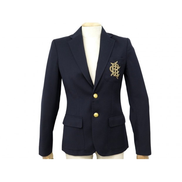 NEUF VESTE RALPH LAUREN BLAZER ECUSSON 2 S 34 EN LAINE BLEU MARINE JACKET 349€