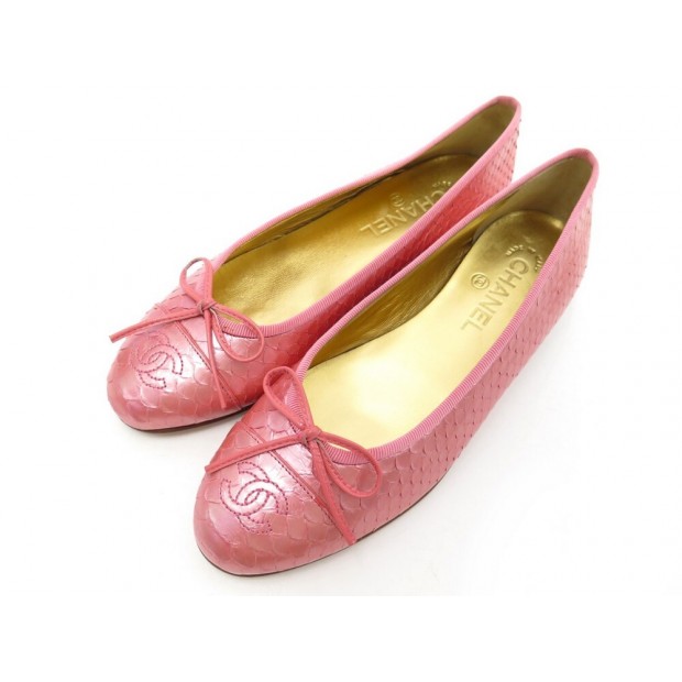 NEUF CHAUSSURES CHANEL BALLERINES LOGO CC G02819 38 PYTHON ROSE + BOITE 1330€