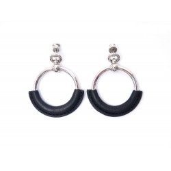 NEUF BOUCLES D'OREILLES HERMES LOOP H070878CK EN METAL ARGENTE ET CUIR NOIR 625€