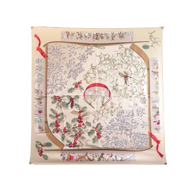 FOULARD HERMES NEIGE D'ANTAN CATHY LATHAM CARRE 90 EN SOIE BEIGE SILK SCARF 385€