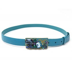 CEINTURE PRADA BOUCLE STRASS TAILLE 95 EN CUIR SAFFIANO BLEU LEATHER BELT 420€