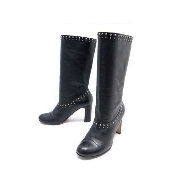CHAUSSURES PRADA BOTTES CLOUTEES 37 IT 38 FR ENCUIR NOIR STUDDED BOOTS 1100€