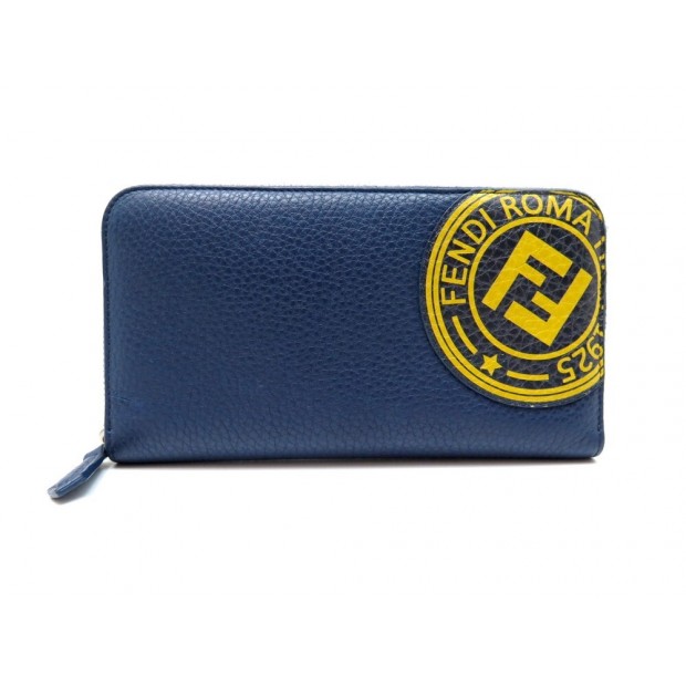 NEUF PORTEFEUILLE FENDI SIGNATURE CONTINENTAL ZIPPE 7M0210 CUIR GRAINE BLEU 550€