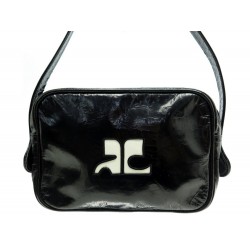 SAC A MAIN COURREGES CAMERA EN CUIR VERNIS NOIR 22 CM LEATHER HAND BAG 470€