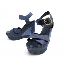 NEUF CHAUSSURES LOUIS VUITTON SHORE WEDGE SANDALES 36.5 TOILE DENIM SANDALS 790€