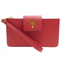 NEUF PORTEFEUILLE PRADA ETUI TELEPHONNE 1ZH025 CUIR ROUGE POCHETTE + BOITE 690€