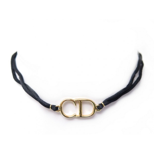 COLLIER CHRISTIAN DIOR RAS DU COU CHOKER CD METAL DORE SATIN NOIR NECKLACE 330€