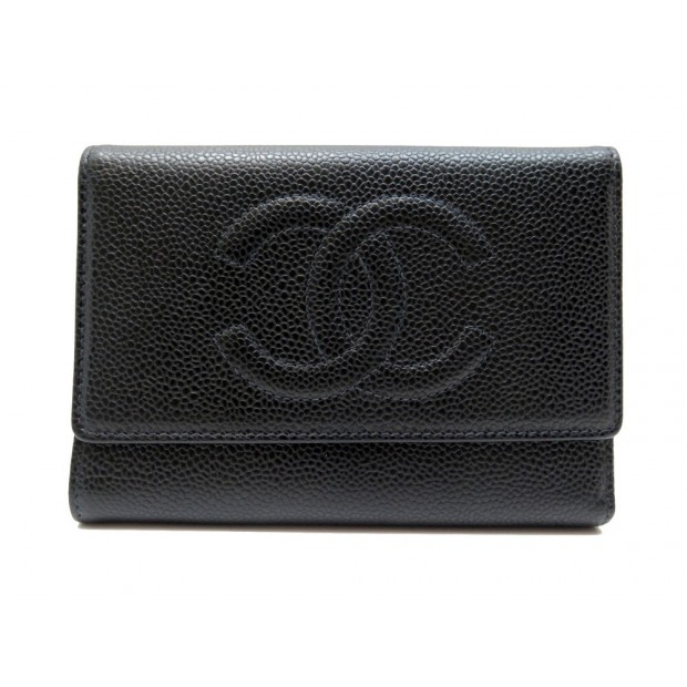 NEUF PORTEFEUILLE CHANEL LOGO CC EN CUIR CAVIAR NOIR BLACK WALLET BILLFOLD 770€