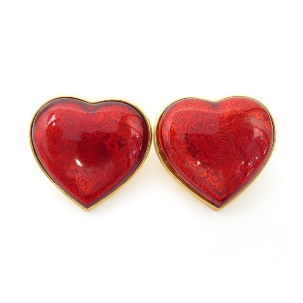 VINTAGE BOUCLES D'OREILLES YVES SAINT LAURENT GRAND COEUR EMAIL ROUGE EARRINGS