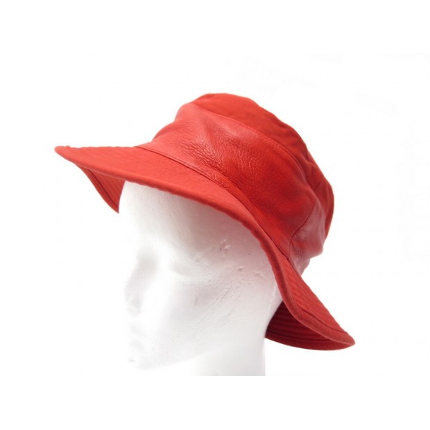 NEUF CHAPEAU HERMES HERMES BOB T 56 EN COTON ET CUIR ROUGE LEATHER NEW CAP 290€