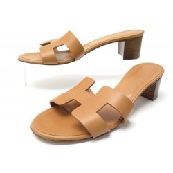 NEUF CHAUSSURES HERMES MULES A TALONS OASIS 37 EN CUIR EPSOM NATUREL SHOES 560€