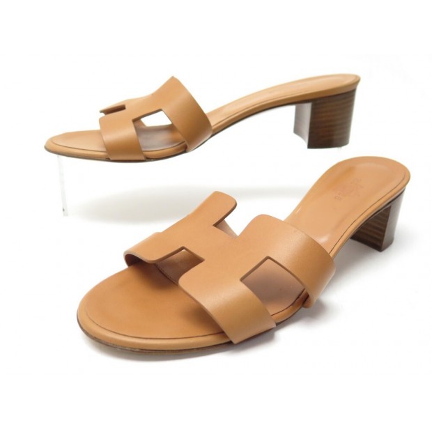NEUF CHAUSSURES HERMES MULES A TALONS OASIS 37 EN CUIR EPSOM NATUREL SHOES 560€